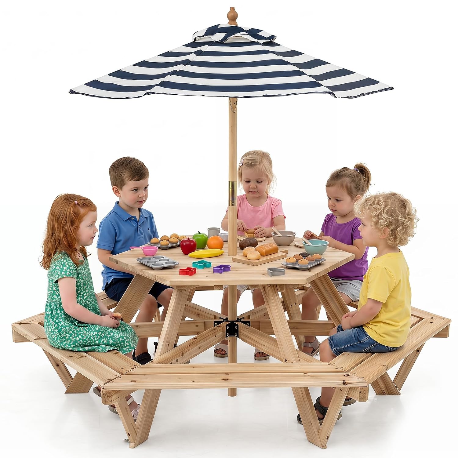 Kids Outdoor Bench With Umbrella - Kids Picnic Table, Hexagonal Wooden Toddler
