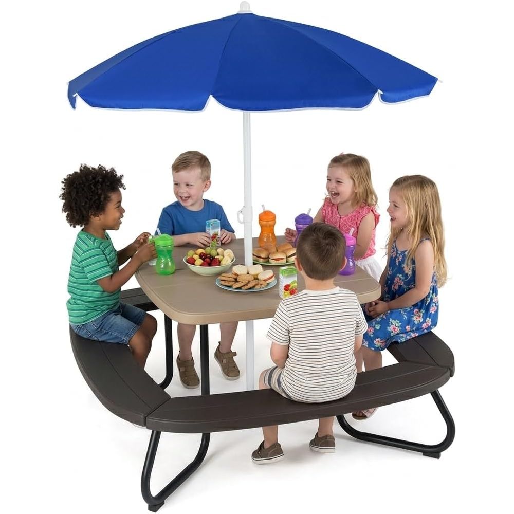 Kids Outdoor Bench With Umbrella - 8-Person Adjustable Kids Picnic Table with