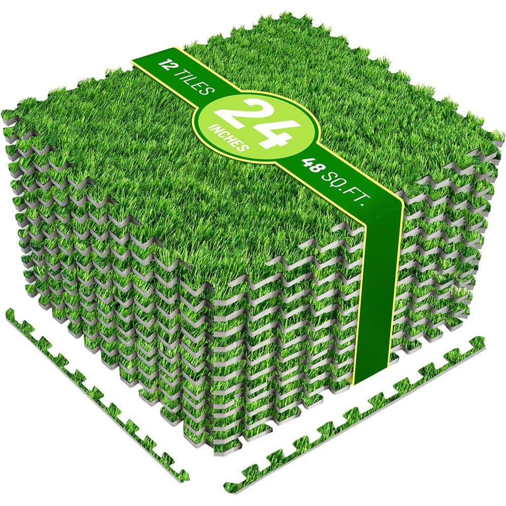 Kids Outdoor Gym - 12-Piece Interlocking Artificial Grass Mats, 24x24,