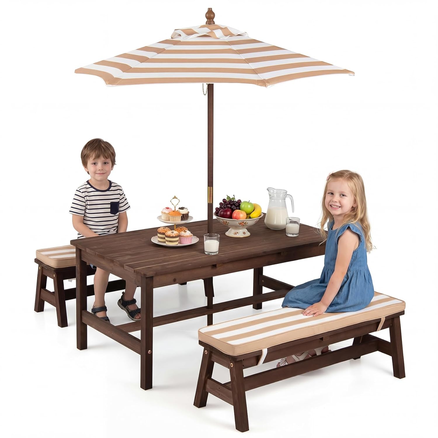 Kids Outdoor Bench With Umbrella - Kids Picnic Table, Fir Wood Toddler