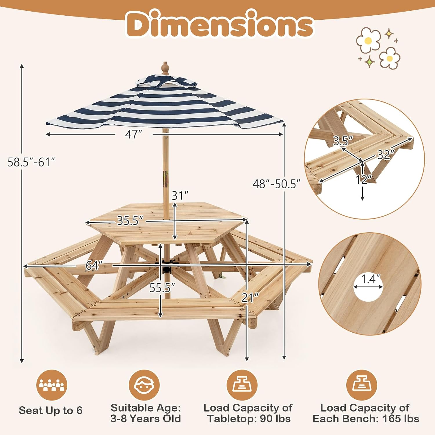 Kids Picnic Table, Hexagonal T – Kids Outdoor Bench With Umbrella Bewertung und Preis