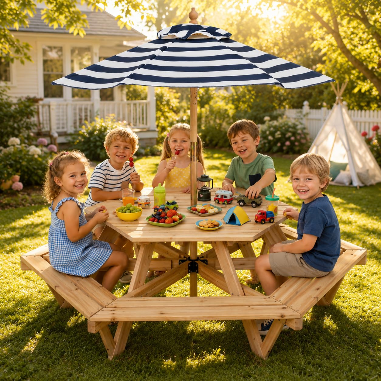 Kids Picnic Table, Hexagonal T – Kids Outdoor Bench With Umbrella Bewertung und Preis